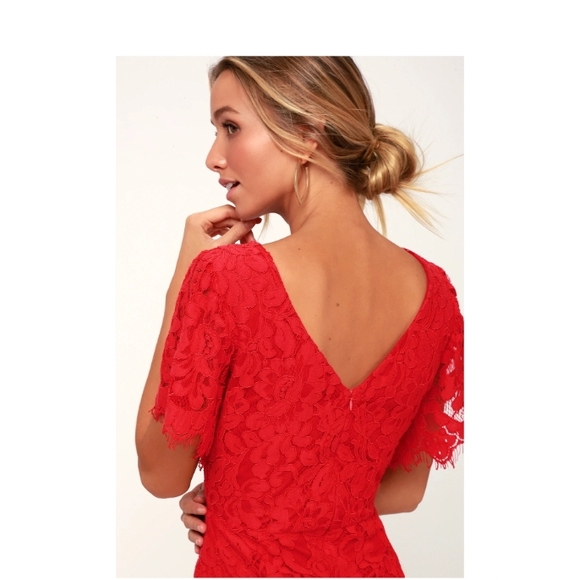 NWOT Lulus Dress Pearson Red Lace Short Sleeve Dress With High Neck Line - Picture 3 of 4